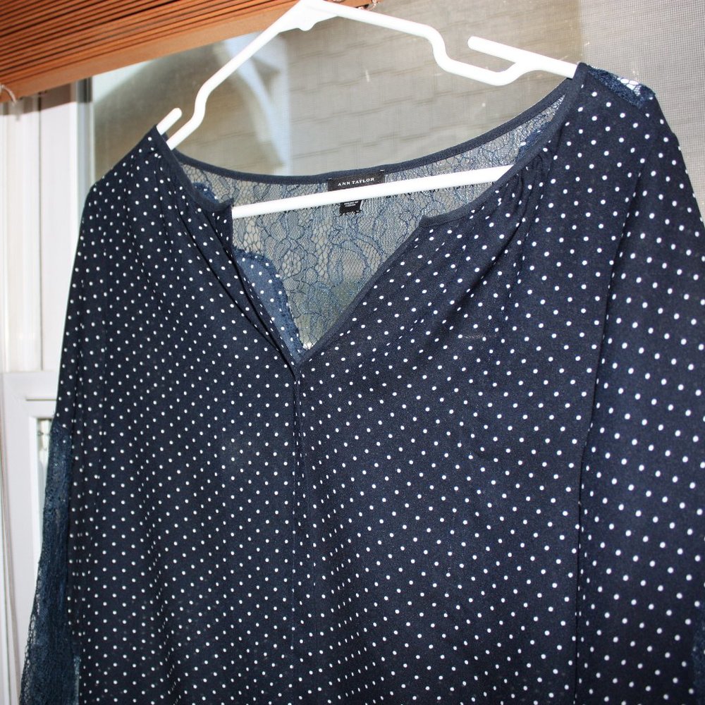 Ann Taylor Polka Dot Lace Blouse Navy White